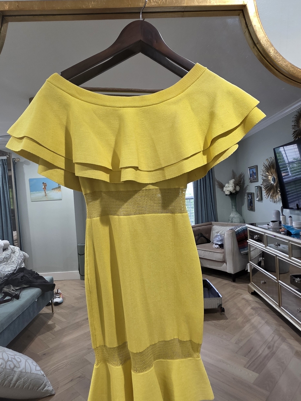 Yellow Off-Shoulder Ruffle Knit Dress